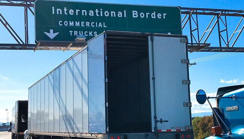 Truck at U.S.-Mexico border performing transborder logistics services