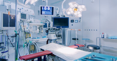 Operating room with medical equipment all around