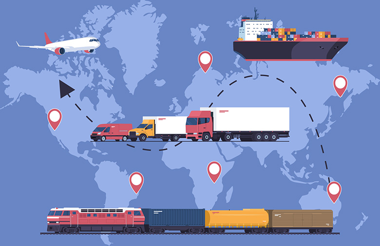 Illustration of multi-modal transportation around the world