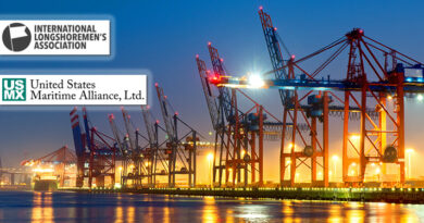 A near-empty port with the ILA and USMX logos overlaid