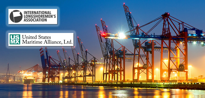 A near-empty port with the ILA and USMX logos overlaid