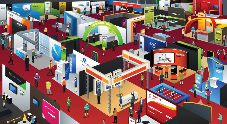 Illustration of a busy trade show floor